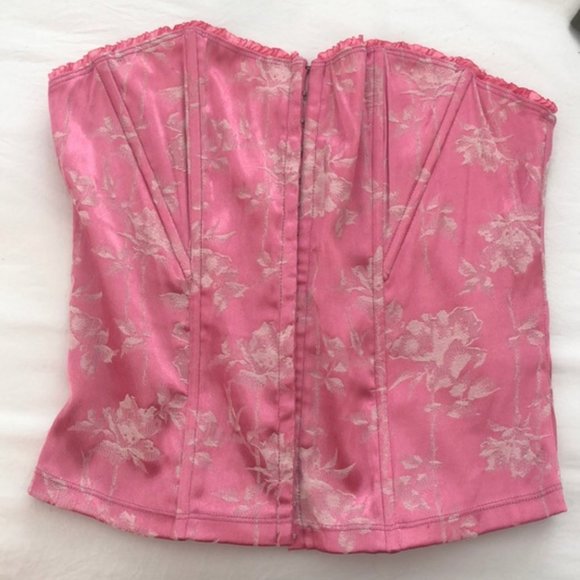 Vintage Tops - Lauren U Pink Rose Floral Hook & Eye Bustier Top